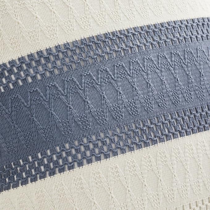 2pk Boho Pillow Covers 22x22, Natural White/Contrast/Blue | 100% Organic Cotton Body, Stripe Embroidery, Farmhouse Decorative Cushion Covers for Sofa Bed Living Room Home Decor