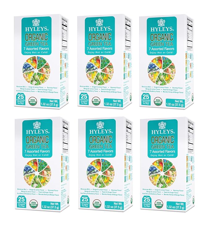 HYLEYS Organic Green Tea, 7 Assorted Flavors - 150 Individually Wrapped Tea Bags (6 Pack of 25) - Includes Soursop, Blueberry, Moroccan Mint and More - USDA Organic - Kosher & Vegan