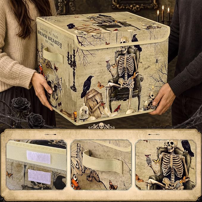 Briwooody Halloween Storage Bin with Lid and Carrying Handle Halloween Gothic Skull Foldable Storage Box Large Vintage Skeleton Decorative Collapsible Container Basket for Closet Home Bedroom Gift