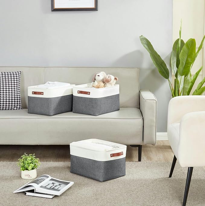 DECOMOMO Storage Bins, Large Fabric Storage Baskets for Shelves 4 Pack | 15 x 11 x 9.5 inches Decorative Linen Closet Organizers (Slate Grey & White)