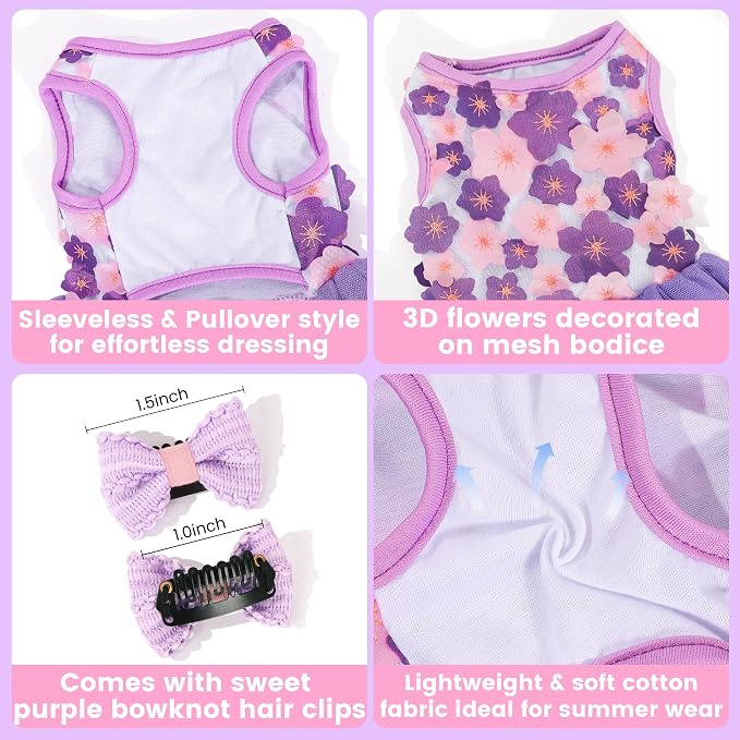 Dog Dress, Fashion Puppy Tutu Princess Dresses for Small Dogs Girl, Sweet Skirt with Dog Bowknot Clips, Spring Dog Cat Clothes Pet Apparel (Purple Floral Dress, X-Small)