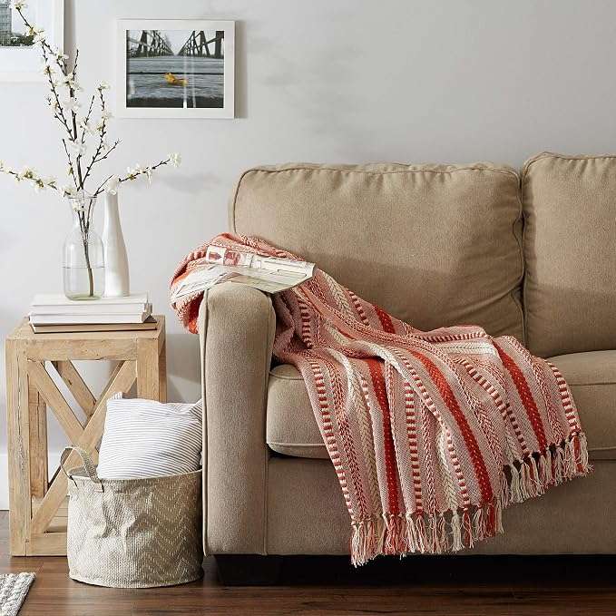 DII Braided Striped Decorative Throw Blanket, 50x60, Vintage Orange/Red