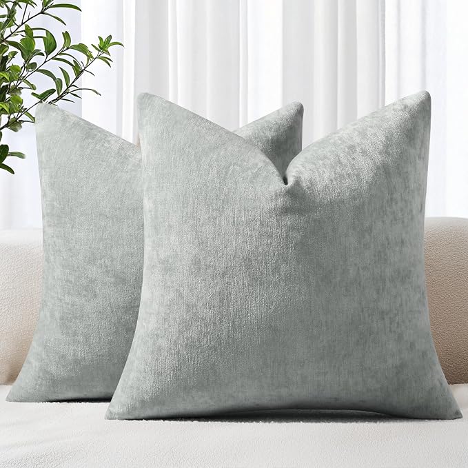 decorUhome Soft Chenille Grey Throw Pillow Covers 18X18 Set of 2 | Decorative Fall Couch Pillow Covers Solid Dyed Accent Modern Farmhouse Neutral Square Pillow Cases for Sofa