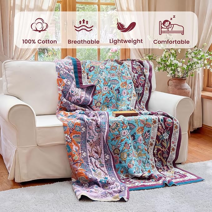 MSGKV Boho Throw Blanket 60"x80" Summer Cotton Birds Floral Blanket for Bed | 100 Cotton Muslin, Bird & Floral Throw Blanket, Reversible Weave, Soft & Breathable, Nature Inspired Design, Machine Washable