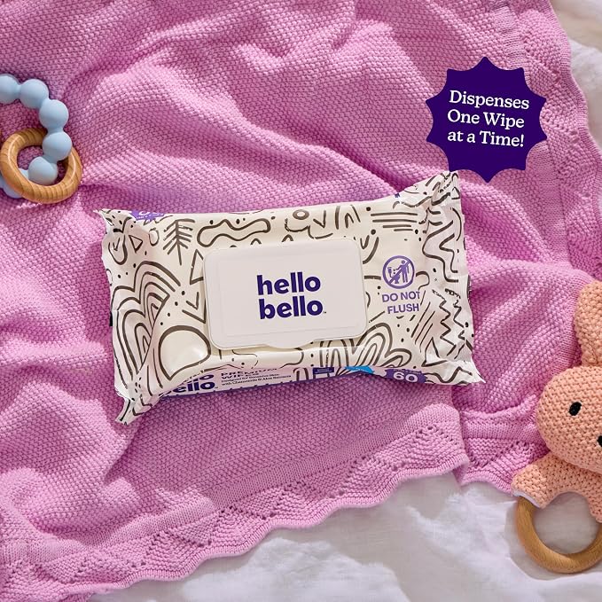 Hello Bello Premium Wipes, Designed for Sensitive Skin with Chamomile & Aloe Extracts, Playful Sketches (12 Resealable Packets = 720 Total Wipes)