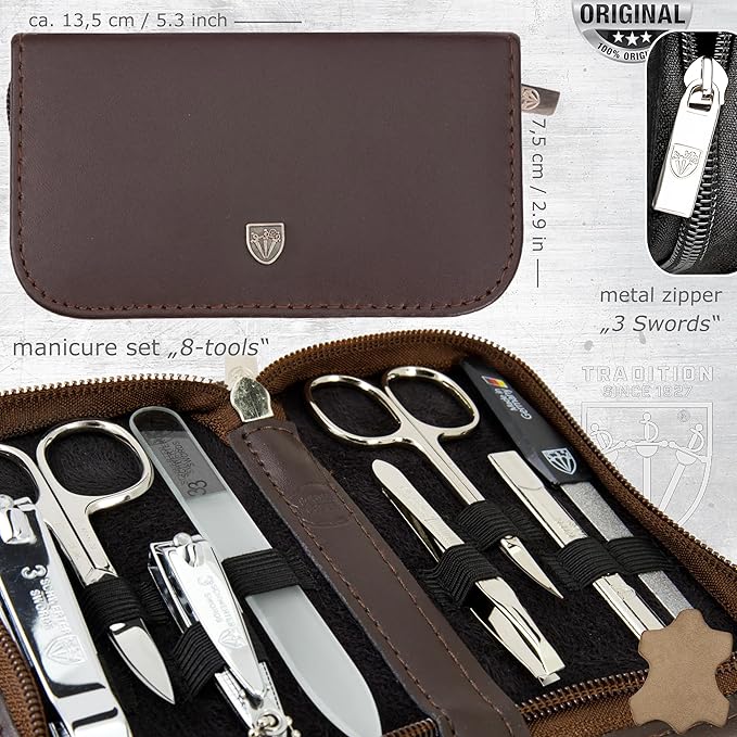 3 Swords Germany - brand quality 8 piece manicure pedicure grooming kit set for professional finger & toe nail care genuine leather case in gift box, Made in Germany