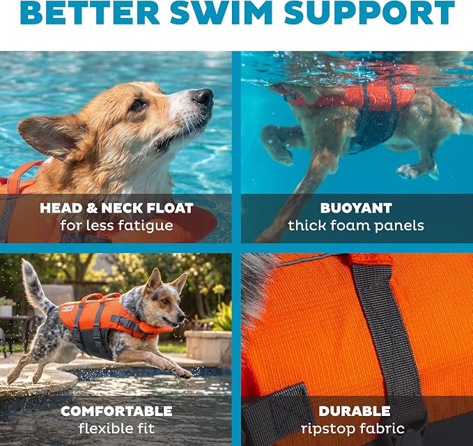 Outward Hound Granby Splash Dog Life Jacket, Life Vest, Orange, Medium | Max Buoyancy, Adjustable Fit, Head/Neck Support, Rescue Handle, Reflective, Swimming & Boating, Medium Dogs (21–27" Girth)