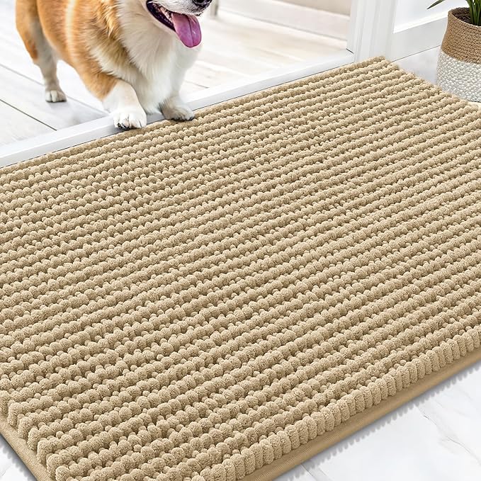 OLANLY Dog Door Mat for Muddy Paws 30x20, Extra Absorbent Chenille Mud Mat | Beige, Absorbs Moisture and Dirt, Non-Slip Machine Washable Doormat, Quick-Drying Indoor Entryway Floor Mat for Dogs