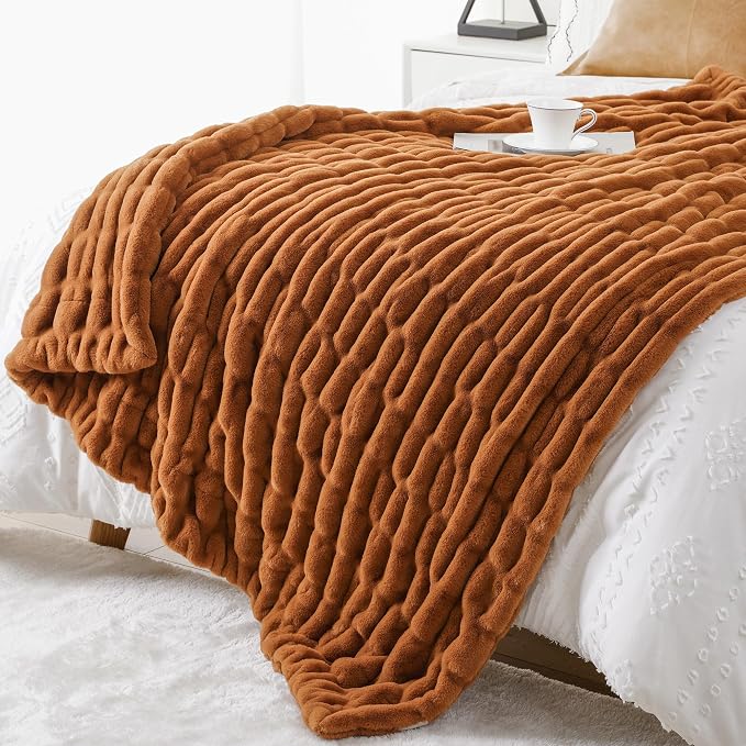 BATTILO Faux Fur Burnt Orange Throw Blanket for Couch, 50"x60", Double Side | Orange Bubble Blanket, Fall Throw Blanket, Fall Decor, Halloween Decorations, Soft Cozy Faux Fur Blanket For Bed, Living Room