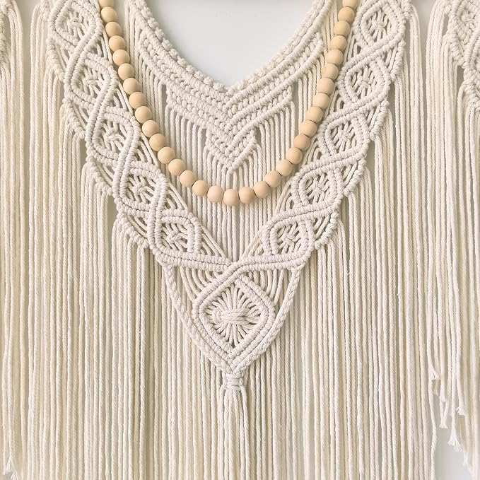 Large Macrame Wall Hanging, Boho Tapestry, 43"x32", Wood Bead Fringe | Handmade bohemian woven tapestry for bedroom, living room, apartment. Perfect Boho style wall decor art for weddings, parties