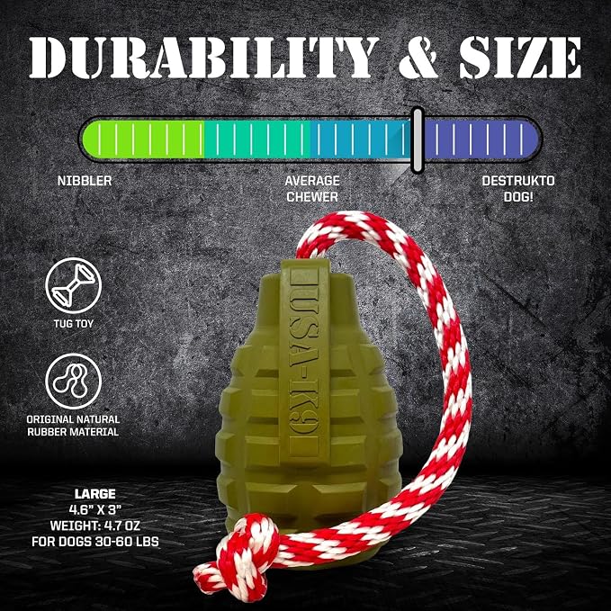SodaPup USA-K9 Grenade – Durable Dog Tug Toy, Chew Toy & Treat Dispenser Made in USA from Non-Toxic, Pet-Safe, Food Safe Natural Rubber Material for Mental & Physical Stimulation, Bonding, & More