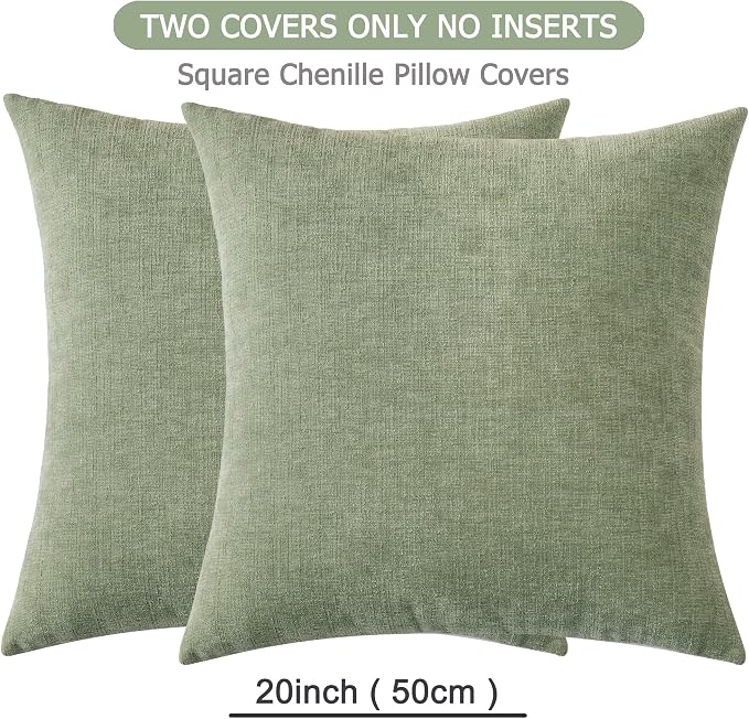 GAWAMAY Decorative Square Sage Green Throw Pillow Covers 20"x20" Inch Set of 2, Super Soft Chenille Pillows Cover, Farmhouse Fall Pillowcase for Living Room Bedroom Sofa Couch Cushion Cover 50x50cm