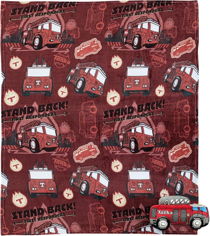Northwest Hasbro Tonka First Responders Hugger Pillow & Silk Touch Throw Blanket Set, Fire Truck Stuffed Pillow, 50x60 Inch Blanket and 11 Inch Plushie
