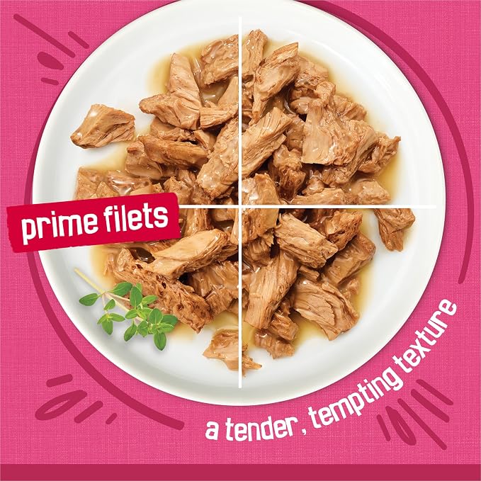 Purina Friskies Prime Filets Cat Food Variety Pack, 48 Ct Cans | Surfin' and Turfin' favorites in a savory gravy, made with real meat, poultry and seafood. 100% balanced nutrition