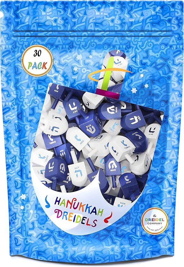 The Dreidel Company 25 Solid Blue & White Wooden Hand Painted Hanukkah Dreidels with English Transliteration - Includes 3 Detailed Game Instruction Cards (25-Pack)