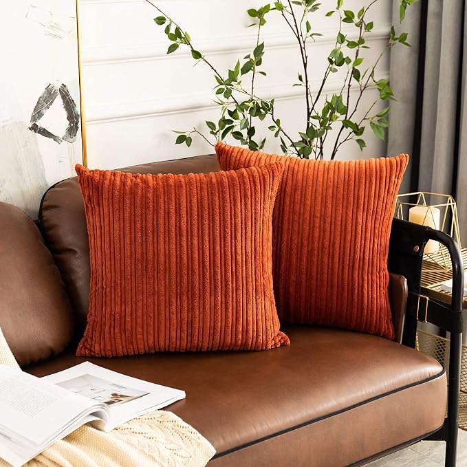 UGASA Fall Striped Velvet Decor Pillow Covers Soft Solid Square Corduroy Cushion Covers Throw Cushion Cases for Couch Sofa Living Room, 20"x20", Pack of 2, Burnt Brick
