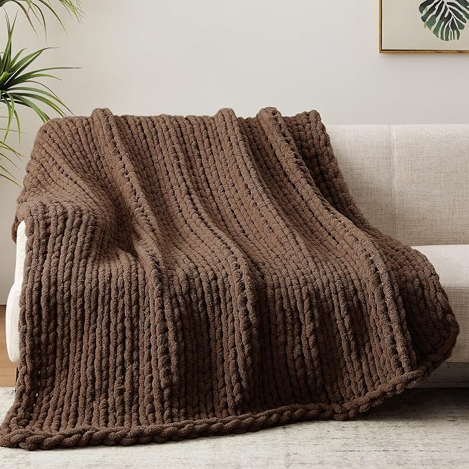 Negwoo Chunky Knit Throw Blanket, Knitted Throw Chenille Yarn, 50"*60" | Soft Thick Cable Knitted Blankets, Handmade Big Thick Blanket, Machine Washable Cute Comfy Blanket for Home Decor, Dark brown