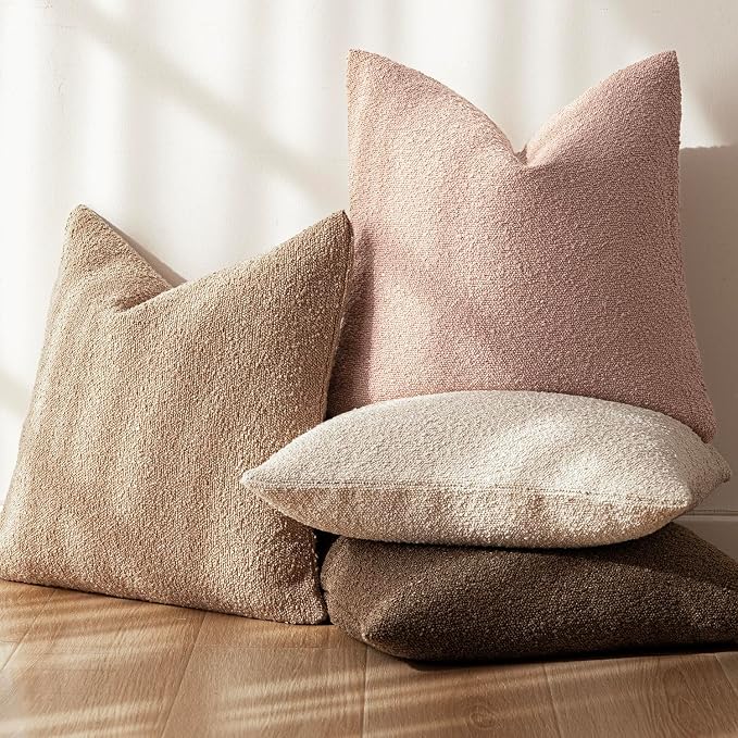 Foindtower Set of 2, Decorative Textured Boucle Throw Pillow Covers Accent Solid Pillow Cases Neutral Soft Cozy Couch Cushion Case for Chair Sofa Bedroom Living Room Home Decor 18 x 18 Inch Light Pink