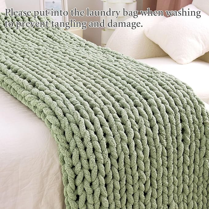 Chunky Knit Blanket Throw for Couch, 60"x80" Chunky Yarn Knitted Blankets | 100% Hand Knit Thick Chenille, Soft Breathable for Bed, Sofa, Home Decor, Cozy Gifts for Women Friends, Sage Green