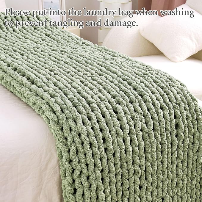 Chunky Knit Blanket Throw for Couch, 40"x50" Chunky Yarn Knitted Blankets | 100% Hand Knit Thick Chenille, Soft Breathable for Bed, Sofa, Home Decor, Cozy Gifts for Women Friends, Sage Green