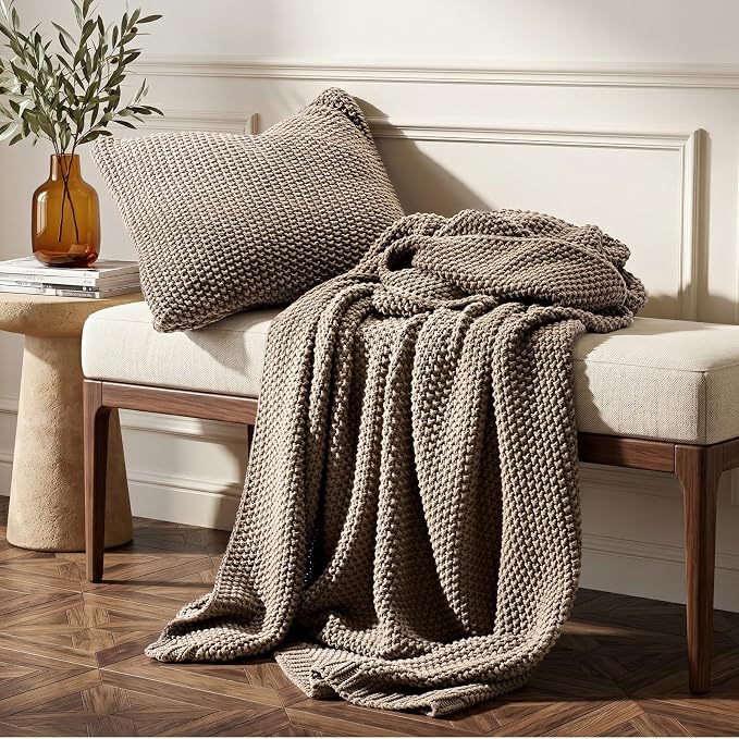 Organic Cotton Chunky Knit Throw Blanket, 50 x 60 Stone Taupe | OCS Certified Organic Cotton, Seed Stitch Knit, Soft & Breathable, Cozy Midweight, Decorative Throw for Couch, Bed & Sofa