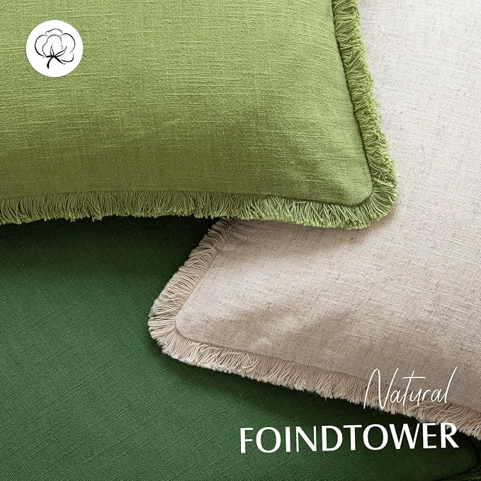 Foindtower Set of 2 Decorative Linen Fringe Throw Pillow Covers Cozy Boho Farmhouse Cushion Cover with Tassels Soft Accent Pillowcase for Couch Sofa Bed Living Room Home Decor,18×18 Inch,Lush Green