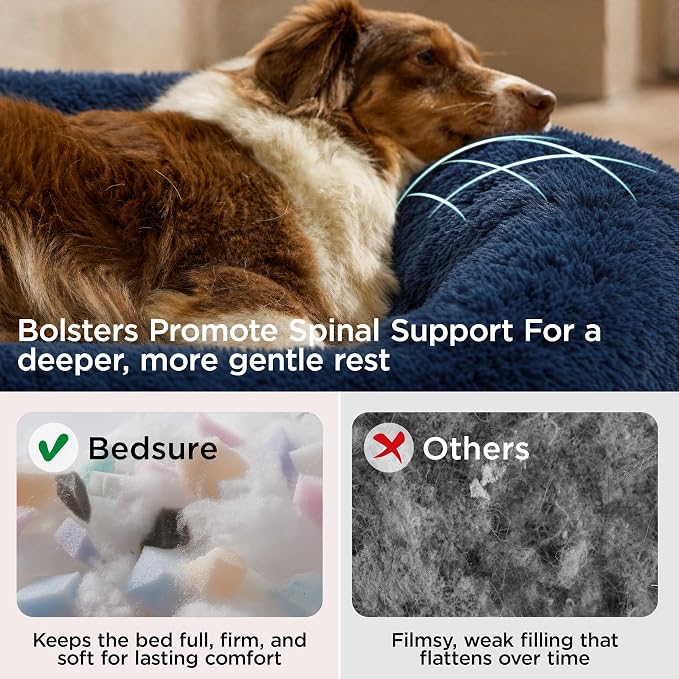 Bedsure SupportMax™ Calming Dog Bed Medium Size Dog Washable Pet Bed,30in | 420GSM Plush Fluffy Faux Fur Donut Round,Thick Supportive,Removable Cover,Anti-Slip,Anti-Anxiety,Up to 45 Lbs,Navy