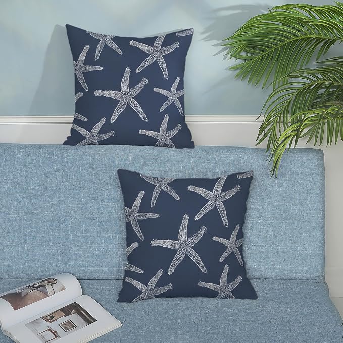 Navy Blue Starfish Pillow Covers 18x18 Inch Set of 2 Coastal Throw Pillows Summer Nautical Ocean Theme Decorations Beach Pillowcase Linen Outdoor Decor Farmhouse Cushion Case for Home Bedroom