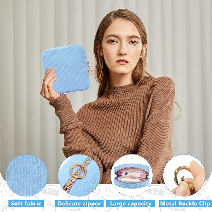 Period Bag for Girls, Corduroy Sanitary Napkin Storage Bag, Period Pouch & Tampon Holder, Feminine Care Organizer, Blue