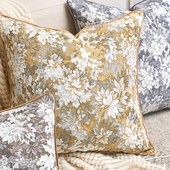 Alerfa Yellow Neutral Floral Pillow Cover 20 x 20 Inch, Vintage Chenille Square Couch Pillow Cover Soft Decorative Farmhouse Accent Pillowcase for Living Room Bedroom