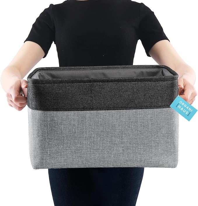 OrganiHaus 16x12.5in Storage Baskets, 3 Pack - Fabric Bins for Shelves | Vegan leather handles; a decorative linen closet organizer, towel and clothes container