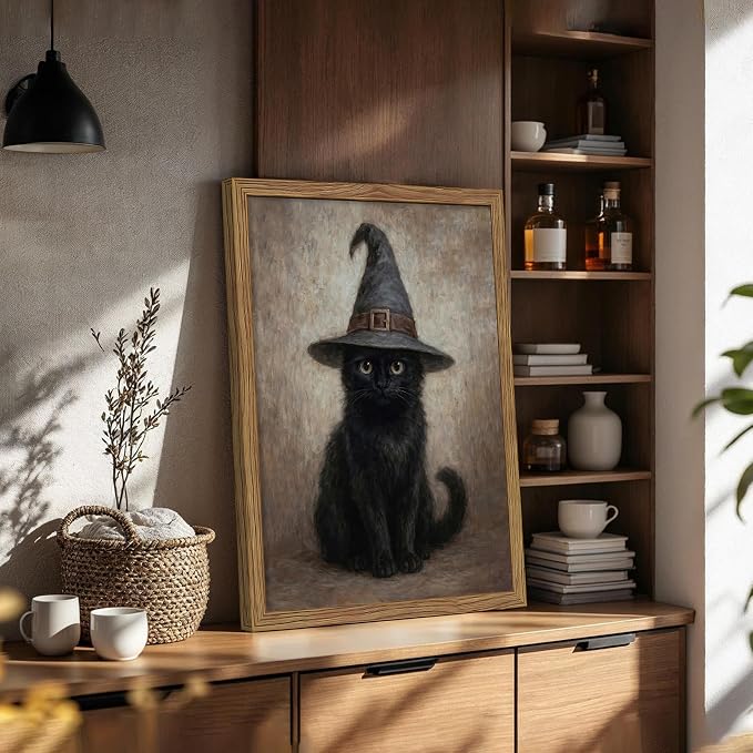 Framed Halloween Cat Wall Art, Vintage Gothic Black Cat Witch Canvas Wall Decor Paintings, Moody Dark Academia Animal Artwork Posters Prints Pictures for Bedroom Living Room 16x24 Inch