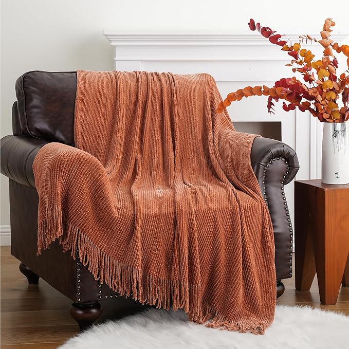 BATTILO HOME Rust Orange Throw Blanket for Couch, 50"x60" | Soft Chenille Knit Blanket with Tassels for Home Decor, Spring Fall Decor Throws for Couch Cover