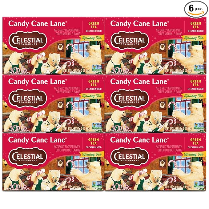 Celestial Seasonings Green Tea, Decaffeinated Candy Cane Lane, 18 Count (Pack of 6)