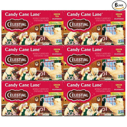 Celestial Seasonings Green Tea, Decaffeinated Candy Cane Lane, 18 Count (Pack of 6)