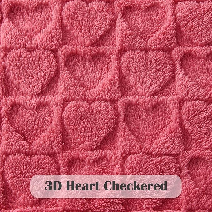 NEWCOSPLAY 3D Heart Checkered Flannel King Blanket, Coral Pink, 90"x110" | Super Soft Cute Lightweight Decorative Premium Silky Fleece Blanket for Couch Sofa Bed, Gift for Women Men, All Season Use