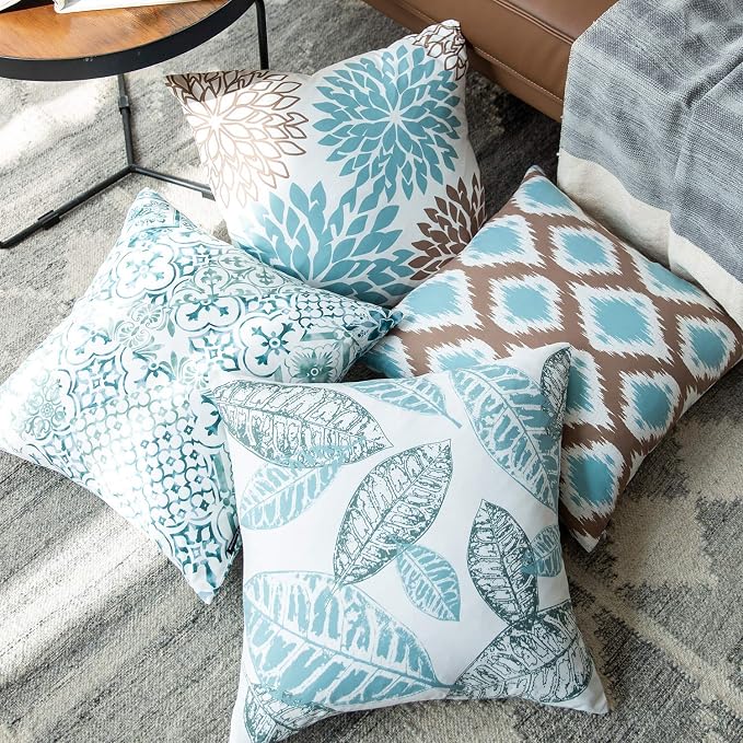 Phantoscope Set of 4 New Living Series Decorative Blue and Coffee Throw Pillow Case Cushion Cover 20 x 20 inches 50 x 50 cm