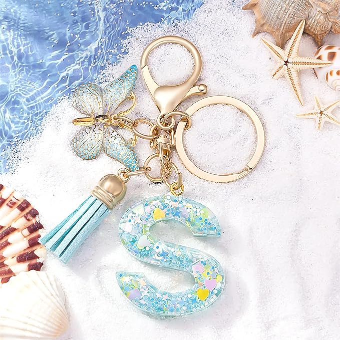 Fashion Alphabet Initial Letter Keychain Tassel Butterfly Pendant Key Ring for Purse Handbags Women Girl