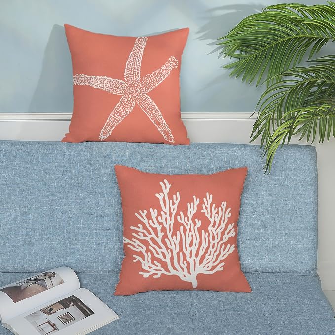 Orange Starfish Pillow Covers 16x16 Inch Set of 2, Nautical Ocean Coastal Coral Throw Pillows Spring Summer Decorations Linen Pillowcase Outdoor Decor Farmhouse Cushion Case for Home Holiday