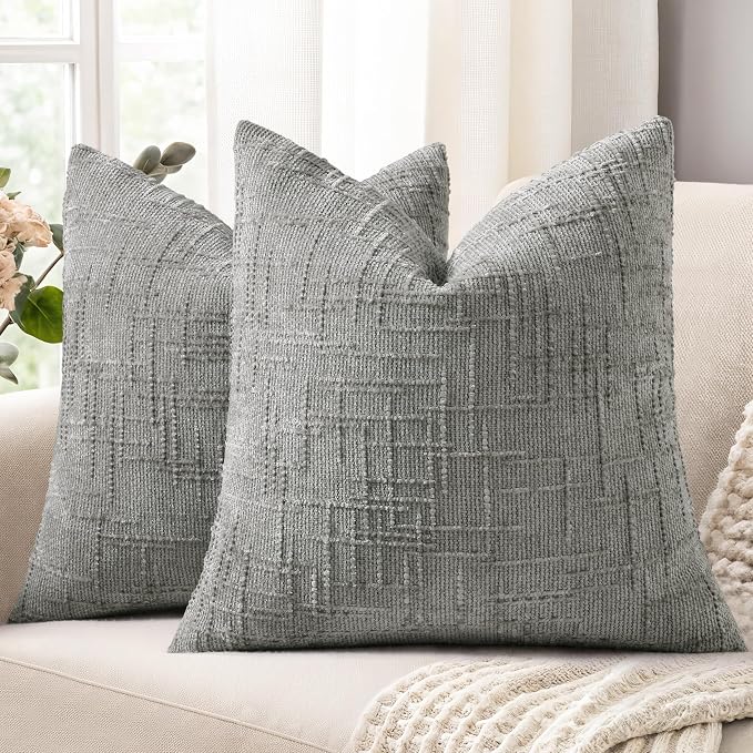 decorUhome Textured Chenille Throw Pillow Covers 24x24 Set of 2 Grey | Fall Modern Farmhouse Soft Cozy Slubby Couch Pillow Cases Boho Decorative Pillow Cases for Bed Sofa Living Room Home Decor