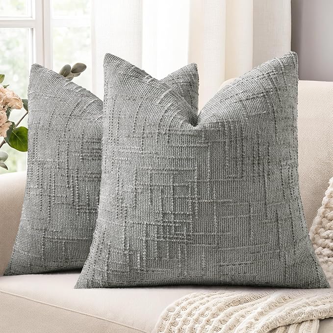 decorUhome Textured Chenille Throw Pillow Covers 26x26 Set of 2 Grey | Fall Modern Farmhouse Soft Cozy Slubby Couch Pillow Cases Boho Decorative Pillow Cases for Bed Sofa Living Room Home Decor