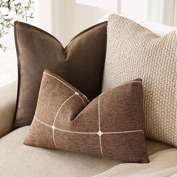 Foindtower Pack of 2 Decorative Faux Linen Jacquard Check Throw Pillow Covers Farmhouse Lumbar Cushion Cover with Grid Textured Pillowcase for Couch Sofa Living Room Home Decor,12×20 Inch,Orange Brown