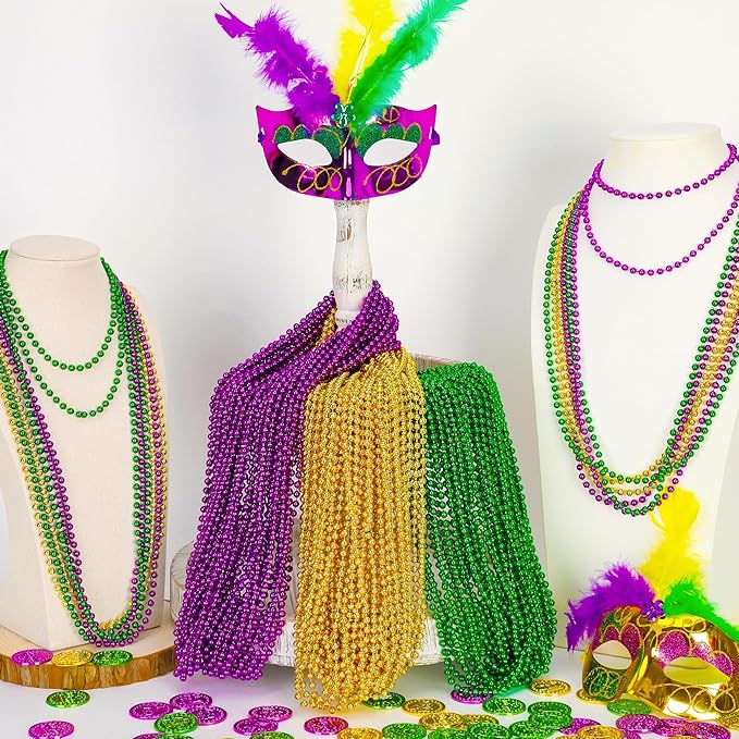 24PCS Mardi Gras Accessories, Mardi Gras Green Purple Gold Metallic Beads Necklaces Accessories Bulk, Mardi Gras Beads Necklace Costumes Women Men Kids for Parade Throws Party Decor Favor Supplies