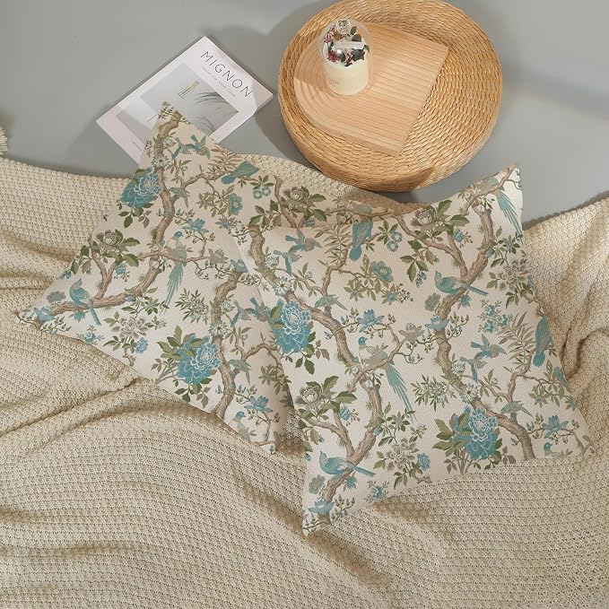 Teal Green Floral Bird Pillow Covers 18x18 Inch Set of 2 Chinoiserie Throw Pillows Vintage Flowers Bird Decorative Pillow Cases Outdoor Chinoiserie Decor Farmhouse Cushion Case for Couch Sofa