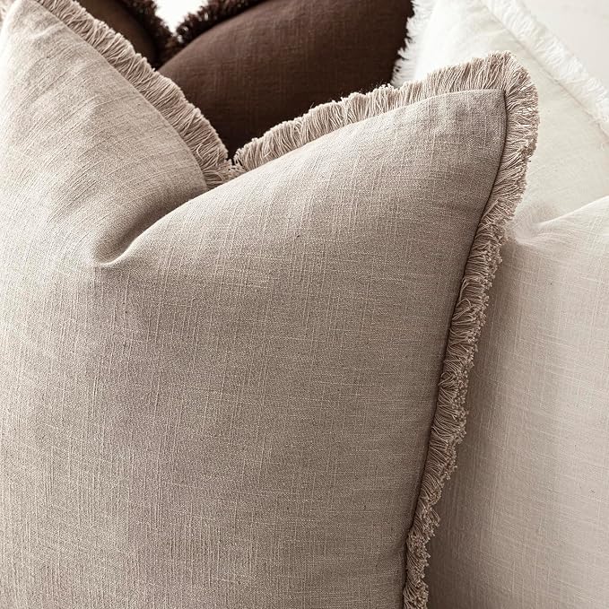 Foindtower Set of 2 Decorative Linen Fringe Throw Pillow Covers Farmhouse Cushion Cover with Tassels Soft Accent Pillowcase for Couch Chair Sofa Bed Living Room Home Decor,20×20 Inch,Natural Linen