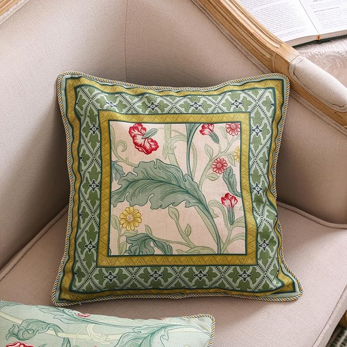 patdrea Designer French Vintage Linen Throw Pillow Cover,18"x18"-Cecilia C | Decorative Pillow Case with Zipper,Green Floral Pattern,Cushion Coverfor Couch Living Room Bedroom Sofa
