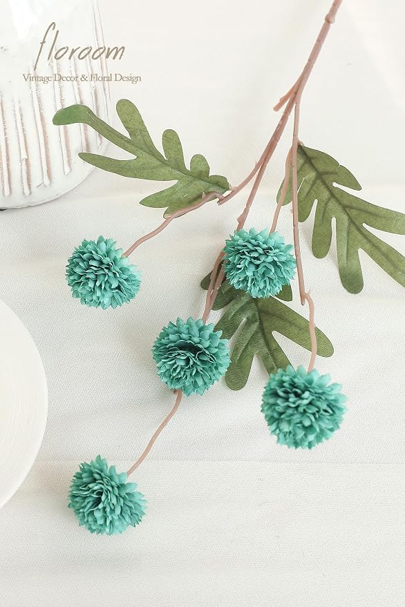 5pcs Teal Green Faux Silk Mums Artificial Flowers, Bulk Fake Small Mini Chrysanthemums with Stems for DIY Wedding Centerpieces Floral Arrangements Vase Fillers Home Decorations