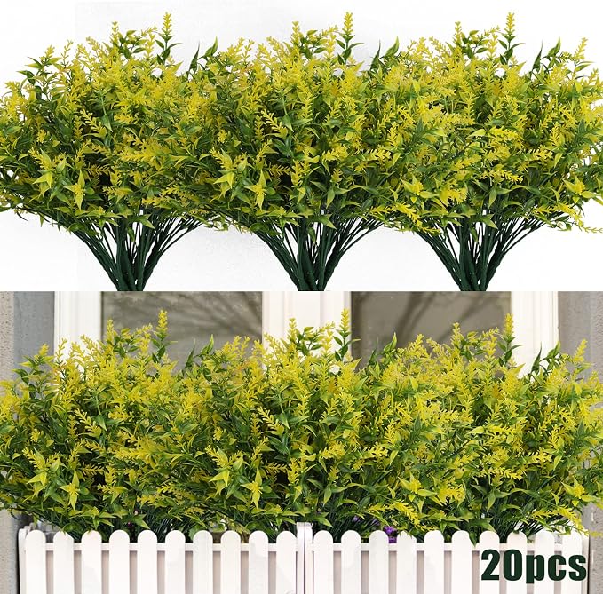 RECUTMS 20 Bundles Outdoor Artificial Flower UV Resistant Fake Stems Plants | Fall Yellow Decor,Faux Plastic Greenery for Indoor Outside Hanging Plant Garden Porch Window Box Home Wedding Farmhouse Décor