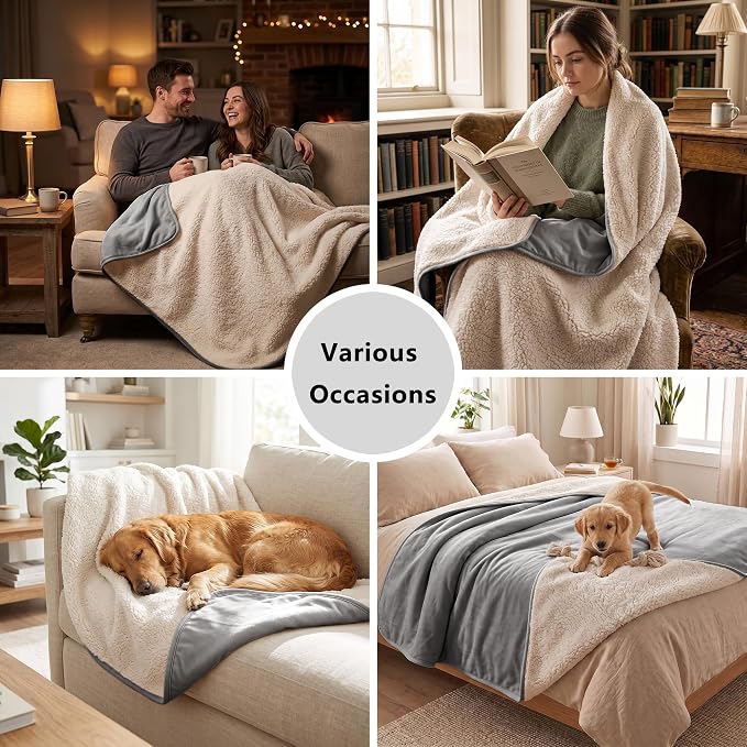 Waterproof Blanket for Dogs - Pet Throw as Furniture Protector | Cozy Sherpa & Smooth Velvet, Reversible and Machine Washable, for Couch, Bed, or Travel, 60"x80", Dark Grey
