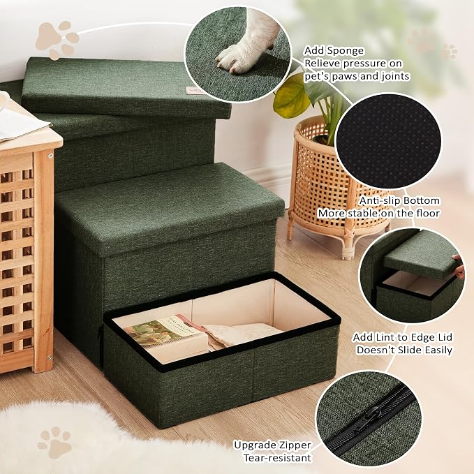 Love's cabin Dog Stairs for High Bed, Foldable Pet Stairs for Small Medium or Large Dogs Puppy with Storage for Bed or Couch, Cat Dog Steps Ramp with Zip up to 200 lbs, Dark Green, 3 Steps